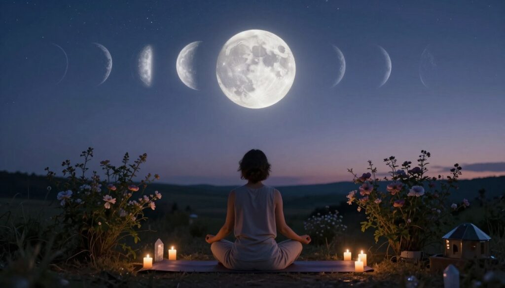 A serene nighttime landscape featuring the lunar cycle, with the moon positioned prominently in the sky, illuminating the scene. In the foreground, a peaceful figure sits cross-legged on a yoga mat, dressed in modest, casual attire, engaging in a mindfulness meditation. Surrounding them are small candles and crystals, symbolizing self-care rituals. In the middle layer, delicate flowering plants bloom under the moonlight, adding a touch of nature’s beauty. The background showcases a gradient sky transitioning from deep indigo to soft silver, with twinkling stars scattered above. Soft, ethereal lighting casts a calming glow, creating a tranquil atmosphere. The angle captures a slightly elevated perspective, emphasizing the connection between the lunar phases and the mindfulness practice.