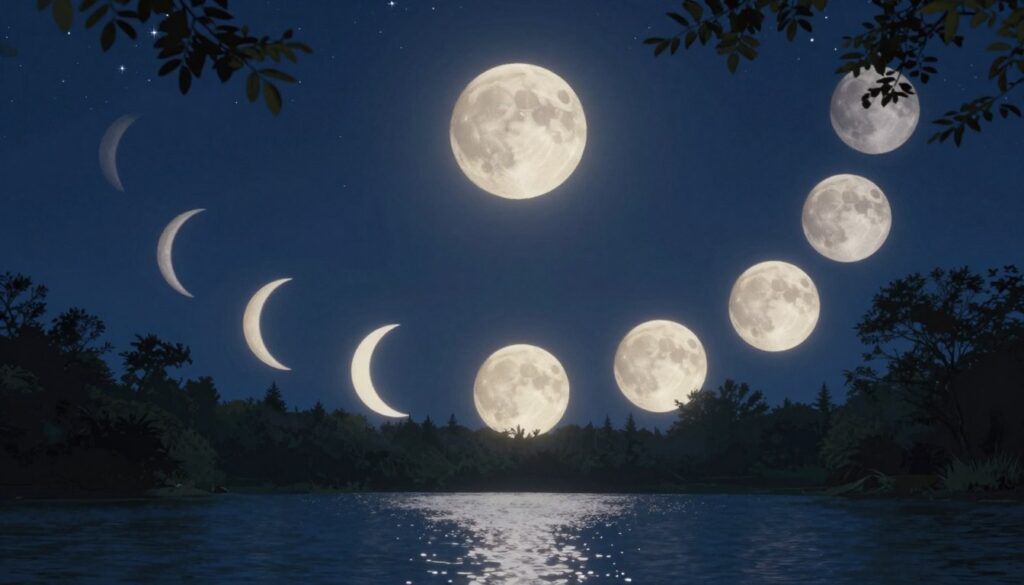 A serene nighttime landscape featuring the various phases of the moon, from the waxing crescent to the full moon, arranged in a circular composition that symbolizes progression and growth. In the foreground, a tranquil body of water reflects the moonlight, creating a shimmering effect. The middle ground showcases silhouetted trees that frame the scene, their leaves gently rustling in a soft breeze. The background is a deep indigo sky scattered with twinkling stars, enhancing the celestial atmosphere. Soft, diffused lighting casts a calming glow over the entire scene, evoking a sense of inspiration and possibility. The overall mood is peaceful and introspective, inviting viewers to connect with the lunar phases and their significance. A serene nighttime landscape featuring the various phases of the moon, from the waxing crescent to the full moon, arranged in a circular composition that symbolizes progression and growth. In the foreground, a tranquil body of water reflects the moonlight, creating a shimmering effect. The middle ground showcases silhouetted trees that frame the scene, their leaves gently rustling in a soft breeze. The background is a deep indigo sky scattered with twinkling stars, enhancing the celestial atmosphere. Soft, diffused lighting casts a calming glow over the entire scene, evoking a sense of inspiration and possibility. The overall mood is peaceful and introspective, inviting viewers to connect with the lunar phases and their significance.