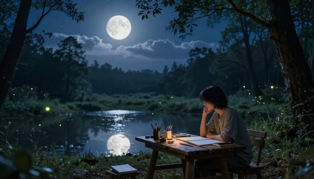 A serene nighttime landscape illuminated by soft, ethereal moonlight, casting gentle shadows across a tranquil forest. In the foreground, a person seated at a rustic wooden table, deep in thought, surrounded by scattered art supplies like sketchbooks and paintbrushes, reflecting the creativity inspired by the moon. The middle ground features a shimmering pond that mirrors the full moon above, with fireflies dancing around, adding a magical touch. In the background, tall trees stand silhouetted against the starry sky, with wisps of clouds drifting lazily. The whole scene is imbued with a dreamlike atmosphere, capturing the connection between the moon and enhanced creativity. Use soft, diffused lighting to create a peaceful and inspiring mood, shot at a gentle angle to emphasize the connection between the person and the lunar glow.