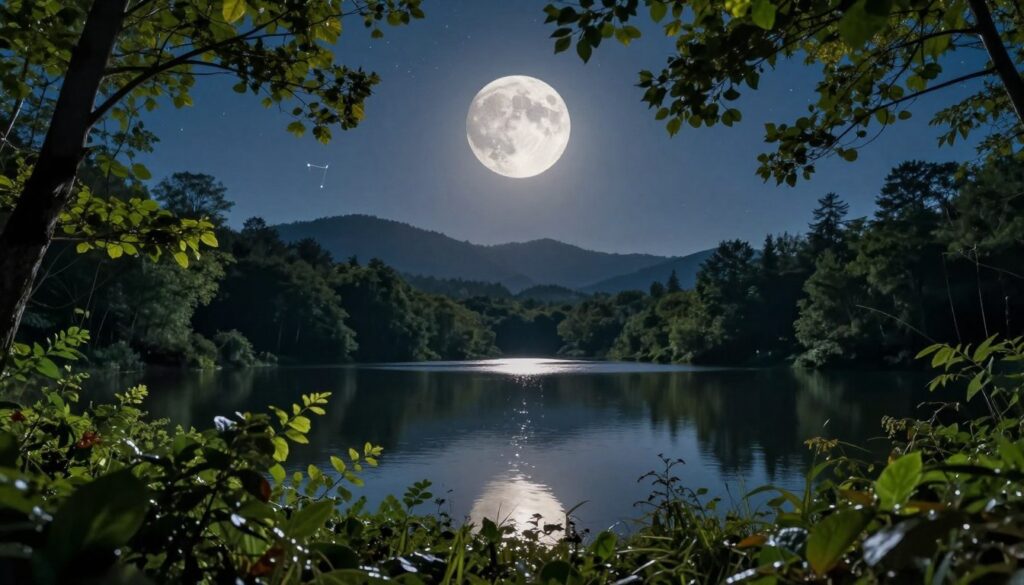 A serene nighttime landscape showcasing a waxing gibbous moon, casting a gentle silvery light over a tranquil forest. In the foreground, lush green foliage and shimmering leaves softly illuminated by the moonlight create a sense of growth and creativity. The middle ground features a calm lake reflecting the moon and the vibrant constellations above, symbolizing inspiration and expansion of ideas. In the background, distant mountains rise under a clear starry sky, evoking a peaceful and mystical atmosphere. The mood is serene and contemplative, encouraging a sense of focus and deep thought. The image should have a soft, ethereal lighting effect, with a slightly warm hue, enhancing the feeling of inspiration. The view is from a low angle, allowing the majestic moon to dominate the scene while enveloping the surrounding nature in tranquility.