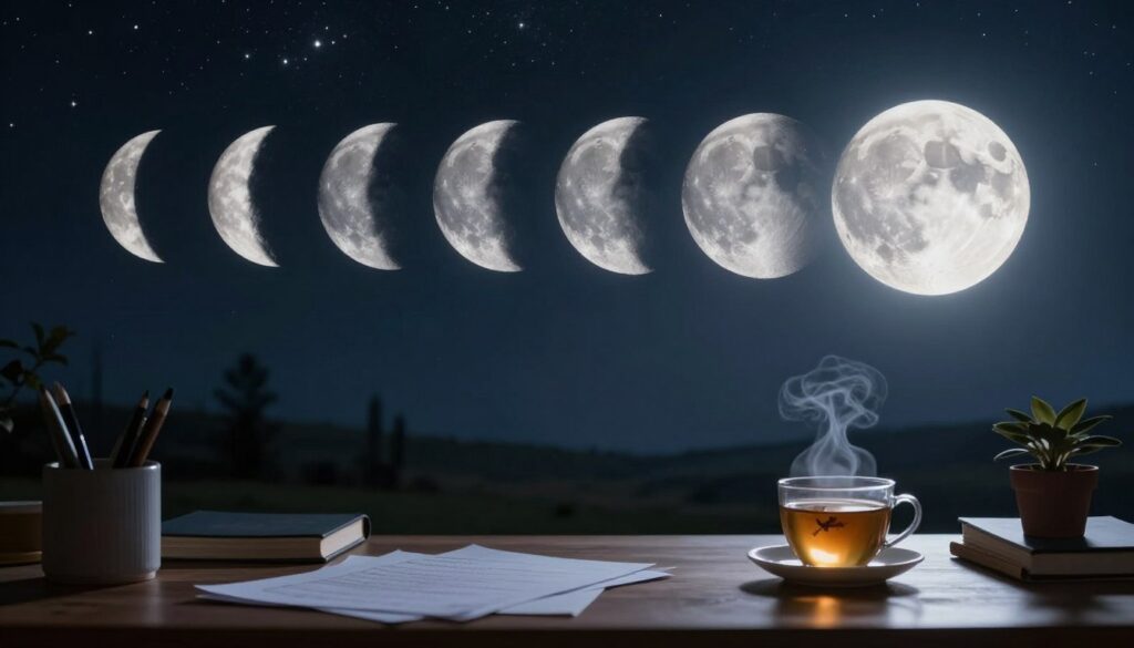 A serene nighttime landscape showcasing the lunar phases in a harmonious arrangement. In the foreground, a vibrant waxing gibbous moon illuminates a tranquil workspace with a neatly organized desk, papers, and a steaming cup of herbal tea, symbolizing heightened focus and creativity. In the middle ground, the moon's different phases progress from new moon to full moon, each representing distinct productivity levels, bathed in gentle silver light. The background features a starry sky, conveying a sense of vast potential and inspiration. A soft glow emanates from the moon, casting a cool, calming ambiance across the scene. The overall mood is one of tranquility and heightened awareness, inviting viewers to connect with the rhythm of the lunar cycle.