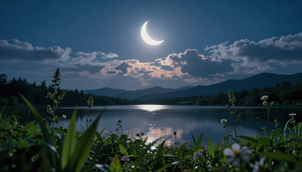 A serene nighttime landscape showcasing the waxing crescent moon in a clear sky, surrounded by soft, luminous clouds that reflect its gentle light. In the foreground, lush green plants and flowers are reaching upward, symbolizing growth and manifestation, bathed in the moonlight. The middle ground features a tranquil lake that mirrors the moon's glow, creating a harmonious reflection. The background includes distant mountains under a star-studded sky, adding depth and tranquility. The overall atmosphere is calm and inspiring, evoking a sense of hope and potential. The lighting is soft and ethereal, with a focus on the moon, captured from a low angle to emphasize its prominence in the night sky. A serene nighttime landscape showcasing the waxing crescent moon in a clear sky, surrounded by soft, luminous clouds that reflect its gentle light. In the foreground, lush green plants and flowers are reaching upward, symbolizing growth and manifestation, bathed in the moonlight. The middle ground features a tranquil lake that mirrors the moon's glow, creating a harmonious reflection. The background includes distant mountains under a star-studded sky, adding depth and tranquility. The overall atmosphere is calm and inspiring, evoking a sense of hope and potential. The lighting is soft and ethereal, with a focus on the moon, captured from a low angle to emphasize its prominence in the night sky.