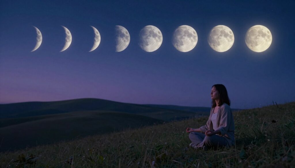 A serene nighttime landscape showcasing various moon phases, each delicately illuminated with a soft, ethereal glow. In the foreground, a tranquil figure sits cross-legged on a grassy hill, dressed in modest, casual clothing, with their eyes closed, embodying a meditative state. The middle ground reveals gentle rolling hills under a starry sky, with each moon phase represented in the sky, from new moon to full moon, transitioning slowly. The background features a gradient of deep blues and purples, enhancing the tranquility of the scene. The lighting is soft, mimicking the soothing glow of moonlight, creating a calm and introspective atmosphere, inviting viewers to reflect on the concept of affirmations. The image is captured with a wide-angle lens to encompass the vastness of the sky and the serenity of the landscape. A serene nighttime landscape showcasing various moon phases, each delicately illuminated with a soft, ethereal glow. In the foreground, a tranquil figure sits cross-legged on a grassy hill, dressed in modest, casual clothing, with their eyes closed, embodying a meditative state. The middle ground reveals gentle rolling hills under a starry sky, with each moon phase represented in the sky, from new moon to full moon, transitioning slowly. The background features a gradient of deep blues and purples, enhancing the tranquility of the scene. The lighting is soft, mimicking the soothing glow of moonlight, creating a calm and introspective atmosphere, inviting viewers to reflect on the concept of affirmations. The image is captured with a wide-angle lens to encompass the vastness of the sky and the serenity of the landscape.