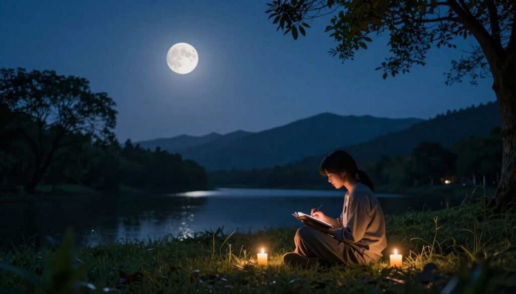 A serene nighttime landscape under a clear, dark sky featuring a new moon glowing softly, casting gentle light. In the foreground, a person dressed in comfortable, modest casual clothing sits cross-legged on a grassy knoll, holding a journal and pen, focused on writing down their intentions. Surround them are small candles flickering in the soft breeze, illuminating the peaceful scene. In the middle ground, lush trees frame the space, while a tranquil lake reflects the deep blue hues of the night sky. The background features distant mountains shadowed in darkness. The overall atmosphere is calm and reflective, evoking a sense of hope and new beginnings, with subtle, warm lighting enhancing the tranquil mood.