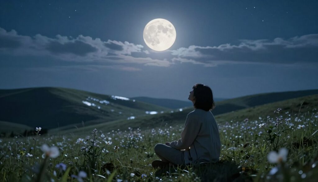 A serene nighttime landscape under a softly glowing full moon. In the foreground, a peaceful figure in modest casual clothing sits cross-legged on a grassy hill, gazing up at the moon, their expression one of tranquility and contemplation. The middle ground features gentle hills that reflect the moonlight, surrounded by delicate flowers that seem to sway gently in the cool breeze. In the background, a star-studded sky enhances the scene, with wispy clouds partially obscuring the moon, creating a dreamlike atmosphere. The lighting is soft and ethereal, with a cool color palette of blues and silvers, evoking a sense of calmness and emotional balance. Use a wide-angle lens perspective to capture the expansive night sky and the figure's connection to the lunar influence. A serene nighttime landscape under a softly glowing full moon. In the foreground, a peaceful figure in modest casual clothing sits cross-legged on a grassy hill, gazing up at the moon, their expression one of tranquility and contemplation. The middle ground features gentle hills that reflect the moonlight, surrounded by delicate flowers that seem to sway gently in the cool breeze. In the background, a star-studded sky enhances the scene, with wispy clouds partially obscuring the moon, creating a dreamlike atmosphere. The lighting is soft and ethereal, with a cool color palette of blues and silvers, evoking a sense of calmness and emotional balance. Use a wide-angle lens perspective to capture the expansive night sky and the figure's connection to the lunar influence.