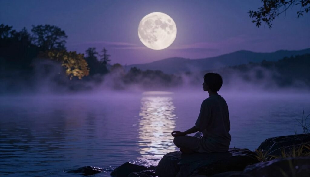 A serene nighttime landscape, with a large, luminous full moon casting a soft glow over a tranquil lake. In the foreground, a silhouette of a meditative figure in modest casual clothing sits cross-legged on a rocky shore, eyes closed, embodying a sense of calm and introspection. The middle ground features gentle waves reflecting the moonlight, while ethereal wisps of violet and indigo mist rise from the water, suggesting a mystical connection to intuition. The background includes softly illuminated trees and distant hills under a starlit sky, enhancing the atmosphere of peace and contemplation. The scene is bathed in cool tones, with a slight haze that adds depth, evoking a sense of wonder and inspiration, inviting viewers to explore the intersections of nature, intuition, and lunar influence.