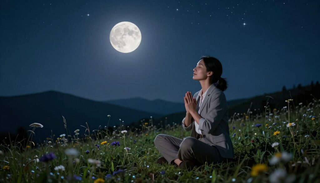 A serene nighttime scene capturing a person sitting cross-legged on a grassy hillside, gazing up at a luminous full moon surrounded by twinkling stars. The foreground features delicate wildflowers swaying gently in the breeze, evoking a sense of tranquility. In the middle, a woman dressed in modest, professional casual attire holds her hands in a gesture of gratitude, eyes closed, as if channeling energy towards the moon. The moon casts a soft, silvery light, illuminating her peaceful expression while creating gentle shadows on the landscape. In the background, silhouette of distant mountains under a deep indigo sky enhances the atmosphere of calm reflection. The scene should evoke a sense of serenity, connection to nature, and the importance of setting intentions for gratitude. A serene nighttime scene capturing a person sitting cross-legged on a grassy hillside, gazing up at a luminous full moon surrounded by twinkling stars. The foreground features delicate wildflowers swaying gently in the breeze, evoking a sense of tranquility. In the middle, a woman dressed in modest, professional casual attire holds her hands in a gesture of gratitude, eyes closed, as if channeling energy towards the moon. The moon casts a soft, silvery light, illuminating her peaceful expression while creating gentle shadows on the landscape. In the background, silhouette of distant mountains under a deep indigo sky enhances the atmosphere of calm reflection. The scene should evoke a sense of serenity, connection to nature, and the importance of setting intentions for gratitude.