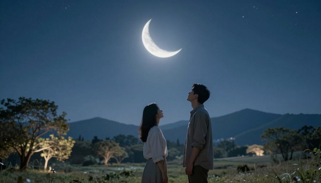 A serene nighttime scene capturing the essence of a new moon, symbolizing fresh beginnings in relationships. In the foreground, a couple dressed in modest casual clothing, gazing up at the crescent moon, their expressions reflecting hope and connection. The middle ground features a tranquil landscape with soft, illuminated trees and gentle hills under a starry sky, enhancing the theme of renewal. In the background, a faint glow of distant mountains under the moonlight adds depth. The lighting is soft and ethereal, creating a dreamy atmosphere with a cool color palette of blues and silvers. The angle focuses on the couple from slightly below, elevating the moon in the frame, emphasizing its significance as a harbinger of new opportunities in partnerships. A serene nighttime scene capturing the essence of a new moon, symbolizing fresh beginnings in relationships. In the foreground, a couple dressed in modest casual clothing, gazing up at the crescent moon, their expressions reflecting hope and connection. The middle ground features a tranquil landscape with soft, illuminated trees and gentle hills under a starry sky, enhancing the theme of renewal. In the background, a faint glow of distant mountains under the moonlight adds depth. The lighting is soft and ethereal, creating a dreamy atmosphere with a cool color palette of blues and silvers. The angle focuses on the couple from slightly below, elevating the moon in the frame, emphasizing its significance as a harbinger of new opportunities in partnerships.