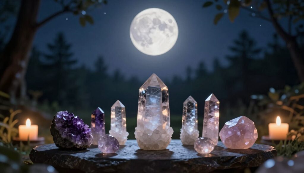 A serene nighttime scene capturing the essence of crystal cleansing under a luminous full moon. In the foreground, a collection of various crystals—amethyst, clear quartz, and rose quartz—are arranged artistically on a smooth, dark stone altar, glistening in the moonlight. The middle ground features softly glowing candles placed around the crystals, casting warm, flickering shadows. In the background, a tranquil forest silhouette is visible, with gentle night foliage framing the scene. The moon hangs large and round in the starry sky, illuminating everything below with a magical silvery light. The atmosphere is peaceful and meditative, inviting viewers to reflect on the cleansing process for their crystals. Capture this in a wide-angle shot to emphasize the beauty of the moon and the intricate details of the crystals, with a focus on soft, ethereal lighting.