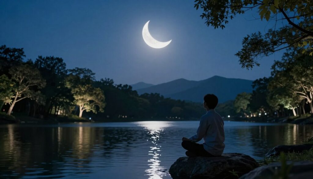 A serene nighttime scene depicting a waxing crescent moon glowing brightly in a clear night sky. In the foreground, a tranquil lake reflects the moonlight, surrounded by softly lit trees that enhance the sense of calm. In the middle, a silhouette of a person sitting cross-legged on a rock by the water's edge, wearing a simple, professional attire, gazing thoughtfully at the moon. In the background, distant mountains fade gently into the starlit sky, conveying a sense of depth and tranquility. The lighting is soft and ambient, with a cool blue hue dominating the palette, creating an atmosphere of clarity and focus. The composition emphasizes the beauty of the waxing moon, inspiring contemplation and momentum. A serene nighttime scene depicting a waxing crescent moon glowing brightly in a clear night sky. In the foreground, a tranquil lake reflects the moonlight, surrounded by softly lit trees that enhance the sense of calm. In the middle, a silhouette of a person sitting cross-legged on a rock by the water's edge, wearing a simple, professional attire, gazing thoughtfully at the moon. In the background, distant mountains fade gently into the starlit sky, conveying a sense of depth and tranquility. The lighting is soft and ambient, with a cool blue hue dominating the palette, creating an atmosphere of clarity and focus. The composition emphasizes the beauty of the waxing moon, inspiring contemplation and momentum.