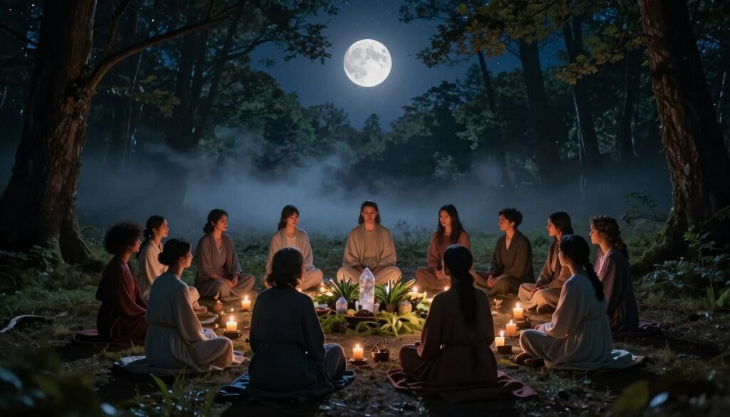 A serene nighttime scene depicting moon rituals within a tranquil forest clearing. In the foreground, a diverse group of individuals dressed in flowing robes and modest attire are gathered around an altar adorned with crystals and herbs, their faces illuminated by the gentle glow of a full moon. In the middle ground, the altar is surrounded by softly glowing candles and ritual tools, creating a sense of purpose. The background features tall, shadowy trees under a starry sky, with ethereal wisps of mist hovering above the ground, enhancing the mystical atmosphere. The lighting is soft and ethereal, casting dreamy shadows, and the angle is slightly elevated, capturing the entire gathering from above, emphasizing unity and connection with the lunar energy. A serene nighttime scene depicting moon rituals within a tranquil forest clearing. In the foreground, a diverse group of individuals dressed in flowing robes and modest attire are gathered around an altar adorned with crystals and herbs, their faces illuminated by the gentle glow of a full moon. In the middle ground, the altar is surrounded by softly glowing candles and ritual tools, creating a sense of purpose. The background features tall, shadowy trees under a starry sky, with ethereal wisps of mist hovering above the ground, enhancing the mystical atmosphere. The lighting is soft and ethereal, casting dreamy shadows, and the angle is slightly elevated, capturing the entire gathering from above, emphasizing unity and connection with the lunar energy.