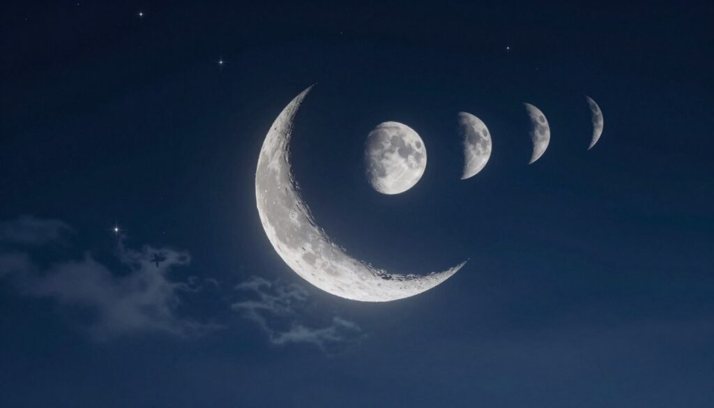 A serene nighttime scene depicting the lunar phases of the moon, focusing on the Last Quarter phase. In the foreground, subtle lunar symbols representing introspection and progress. The middle ground features a beautifully detailed crescent moon, partially illuminated, casting a soft, silvery light. In the background, a tranquil sky transitions from deep navy blue to midnight black, dotted with sparkling stars. Gentle wisps of translucent clouds drift by, enhancing the mystical atmosphere. The scene is illuminated by soft, diffused moonlight, creating a calm and reflective mood. The perspective is slightly elevated, capturing the moon's grandeur against the vast night sky. The overall ambiance evokes a sense of contemplation and growth. A serene nighttime scene depicting the lunar phases of the moon, focusing on the Last Quarter phase. In the foreground, subtle lunar symbols representing introspection and progress. The middle ground features a beautifully detailed crescent moon, partially illuminated, casting a soft, silvery light. In the background, a tranquil sky transitions from deep navy blue to midnight black, dotted with sparkling stars. Gentle wisps of translucent clouds drift by, enhancing the mystical atmosphere. The scene is illuminated by soft, diffused moonlight, creating a calm and reflective mood. The perspective is slightly elevated, capturing the moon's grandeur against the vast night sky. The overall ambiance evokes a sense of contemplation and growth.