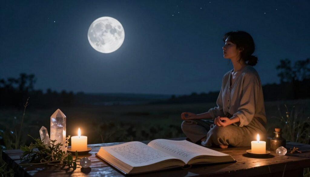A serene nighttime scene depicting the new moon phase, casting a gentle, silvery glow over a tranquil landscape. In the foreground, a wooden table is adorned with candlelit crystals, herbs, and an elegantly handwritten journal, symbolizing intentions being set. The middle ground features a silhouette of a calm person in modest casual clothing, sitting cross-legged and meditating, surrounded by soft, flickering candlelight. The background reveals a darkened sky scattered with a few twinkling stars, creating a sense of peace and introspective ambiance. The lighting is soft and ethereal, with the moonlight subtly highlighting the person's serene expression and the items on the table, conveying a mood of hope and renewal. The angle is slightly elevated, offering a sweeping view of the entire scene.