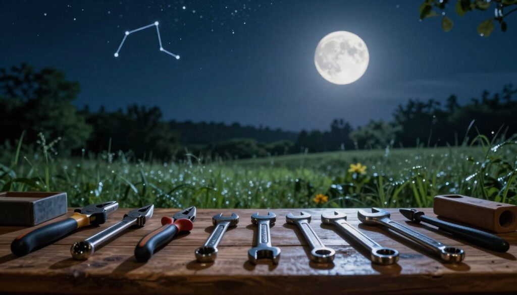 A serene nighttime scene depicting various tools charging under the soft glow of moonlight. In the foreground, a well-organized array of hand tools like pliers and wrenches rests on a polished wooden workbench, glimmering from lunar light. The middle ground features a gentle landscape with lush greenery, where a bright full moon casts silvery highlights on the dew-kissed grass. In the background, a starry sky is visible, with constellations twinkling faintly. The image captures a tranquil stillness, evoking a sense of wonder and curiosity about the natural energies of the moon. Use a wide-angle perspective to encompass the entire scene, with cool color tones enhancing the peaceful atmosphere of midnight tool charging.