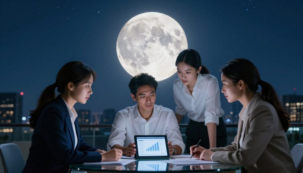 A serene nighttime scene featuring a large, luminous waxing gibbous moon, glowing with a soft white light against a deep indigo sky sprinkled with stars. In the foreground, a diverse group of three professionals - a woman in a tailored navy suit, a man in a crisp white shirt with sleeves rolled up, and a woman sporting smart-casual attire - are gathered around a sleek glass table covered with business documents and a digital tablet displaying graphs. The moonlight casts a gentle illumination on their focused faces, enhancing the cooperative atmosphere as they discuss strategies. In the background, silhouetted city skyline adds depth to the scene. The overall mood is one of inspiration and collaboration, emphasizing the importance of timing and strategy for successful launches.