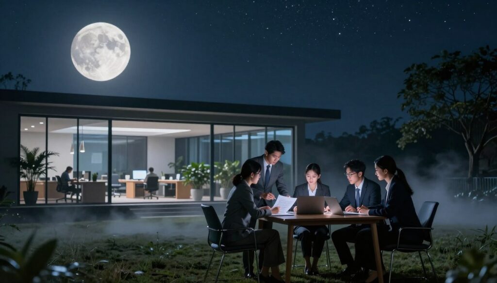 A serene nighttime scene featuring a new moon casting a soft, silvery glow over a tranquil landscape. In the foreground, a small group of diverse professionals in business attire huddle around a wooden table, reviewing documents and laptops, symbolizing their new business venture. The middle ground reveals a beautifully designed modern office space with large windows reflecting the moonlight, plants adding a touch of nature. In the background, a starry sky filled with twinkling stars enhances the calm atmosphere, while a faint mist rises from the ground, suggesting the promise of new beginnings. The lighting is soft and muted, evoking a sense of hope and tranquility. The image captures a moment of collaboration and inspiration, aligning with the theme of new opportunities during the new moon phase.