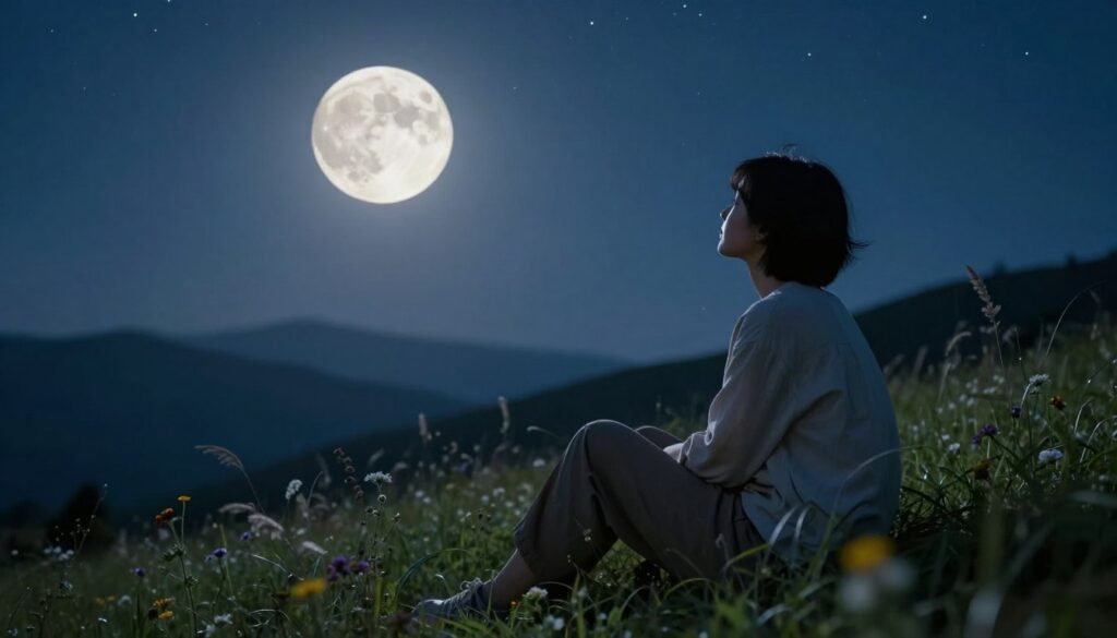A serene nighttime scene featuring a person peacefully gazing at a full moon, sitting on a grassy hillside under a starry sky. In the foreground, the person, dressed in comfortable, modest clothing, is surrounded by wildflowers and gentle grass swaying in a soft breeze. The middle ground highlights the moon, glowing brightly with intricate textures, casting a silvery light that reflects off the person’s thoughtful expression. The background showcases distant mountains silhouetted against the night sky filled with twinkling stars. The image conveys a calm and reflective mood, emphasizing the soothing connection to nature and the moon as a source of tranquility. Use soft, natural lighting to create an inviting atmosphere, with a slightly blurred depth of field to focus on the individual’s moment of contemplation. A serene nighttime scene featuring a person peacefully gazing at a full moon, sitting on a grassy hillside under a starry sky. In the foreground, the person, dressed in comfortable, modest clothing, is surrounded by wildflowers and gentle grass swaying in a soft breeze. The middle ground highlights the moon, glowing brightly with intricate textures, casting a silvery light that reflects off the person’s thoughtful expression. The background showcases distant mountains silhouetted against the night sky filled with twinkling stars. The image conveys a calm and reflective mood, emphasizing the soothing connection to nature and the moon as a source of tranquility. Use soft, natural lighting to create an inviting atmosphere, with a slightly blurred depth of field to focus on the individual’s moment of contemplation.