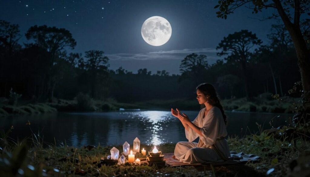 A serene nighttime scene illuminated by a full moon, casting soft, silver light over a tranquil landscape. In the foreground, a figure in modest, elegant clothing performs sacred rituals for harnessing lunar energy, surrounded by glowing crystals and softly burning candles. The middle ground features a peaceful, reflecting pond that mirrors the moonlight, enhancing the magical atmosphere. In the background, silhouetted trees stand tall under the vast night sky sprinkled with stars, creating a sense of depth and wonder. The mood is calming and introspective, evoking a deep connection with nature and lunar power. The lighting is soft and ethereal, captured from a slightly elevated angle, adding a sense of grandeur to the ritual scene. A serene nighttime scene illuminated by a full moon, casting soft, silver light over a tranquil landscape. In the foreground, a figure in modest, elegant clothing performs sacred rituals for harnessing lunar energy, surrounded by glowing crystals and softly burning candles. The middle ground features a peaceful, reflecting pond that mirrors the moonlight, enhancing the magical atmosphere. In the background, silhouetted trees stand tall under the vast night sky sprinkled with stars, creating a sense of depth and wonder. The mood is calming and introspective, evoking a deep connection with nature and lunar power. The lighting is soft and ethereal, captured from a slightly elevated angle, adding a sense of grandeur to the ritual scene.