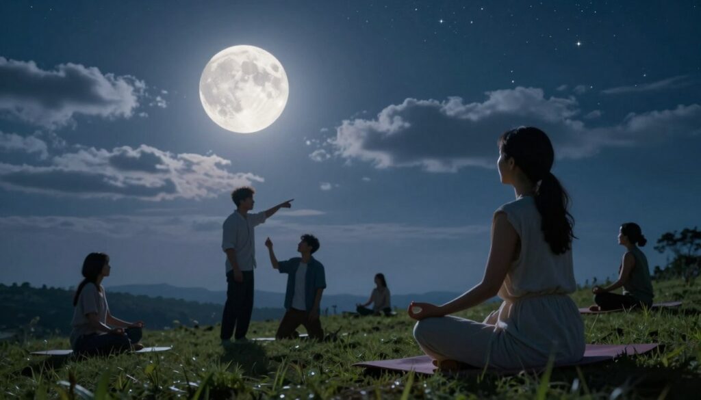 A serene nighttime scene set in a tranquil open landscape, showcasing the moon casting a soft, silvery glow over a diverse group of individuals engaging in mindful activities. In the foreground, a woman in modest casual clothing meditates on a grassy hill, her posture reflecting peace and focus. In the middle ground, two men converse energetically while pointing at the starry sky, highlighting their animated expressions. The background features a luminous full moon surrounded by soft, wispy clouds and twinkling stars, creating a magical atmosphere. The lighting should be soft and enchanting, with shadows that evoke a sense of calm and introspection. The angle captures the moon's prominence, symbolizing its influence on human emotions and behavior, inviting viewers to explore the mystical connection between the lunar phases and inner alignment. A serene nighttime scene set in a tranquil open landscape, showcasing the moon casting a soft, silvery glow over a diverse group of individuals engaging in mindful activities. In the foreground, a woman in modest casual clothing meditates on a grassy hill, her posture reflecting peace and focus. In the middle ground, two men converse energetically while pointing at the starry sky, highlighting their animated expressions. The background features a luminous full moon surrounded by soft, wispy clouds and twinkling stars, creating a magical atmosphere. The lighting should be soft and enchanting, with shadows that evoke a sense of calm and introspection. The angle captures the moon's prominence, symbolizing its influence on human emotions and behavior, inviting viewers to explore the mystical connection between the lunar phases and inner alignment.