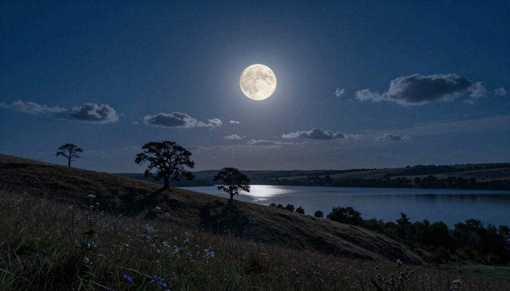 A serene nighttime scene showcasing a Micro Moon, smaller and dimmer than a Full Moon, illuminating the sky with a soft glow. In the foreground, a tranquil landscape of rolling hills is bathed in moonlight, highlighting delicate silhouettes of trees and wildflowers. The middle ground features a calm, reflective lake mirroring the Micro Moon’s subtle light. The background is a star-studded sky, with a few scattered clouds enhancing the atmosphere of the night. The lighting is cool and ethereal, with gentle highlights and shadows creating depth. Capture this scene using a wide-angle lens to emphasize the vastness of the sky and the intimacy of the landscape, evoking a sense of wonder and tranquility.