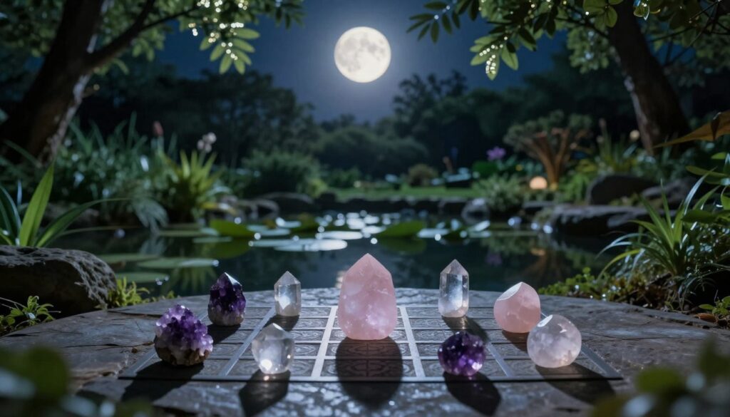 A serene nighttime scene showcasing a tranquil garden illuminated by the soft glow of a full moon. In the foreground, a crystal grid carefully arranged on a smooth stone surface, featuring various crystals such as amethyst, rose quartz, and clear quartz, reflecting moonlight. The middle ground reveals lush greenery with gentle shadows, while lily pads float serenely on a calm pond reflecting the moon's luminous light. In the background, tall trees frame the scene, their leaves shimmering under the moonlight, creating an ethereal atmosphere. Soft, cool lighting enhances the mystical mood, inviting a sense of peace and rejuvenation. The image captures a moment of stillness and connection with nature, perfect for the essence of lunar energy cleansing.