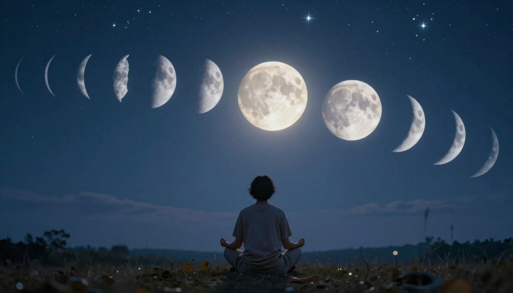 A serene nighttime scene showcasing the lunar cycle in vibrant detail. In the foreground, a tranquil figure in modest casual attire meditates under a brilliant full moon. The middle ground features a beautiful depiction of the moon phases—new, waxing, full, and waning—cascading across the sky like a cosmic timeline. Soft, ethereal light illuminates the scene, casting gentle shadows and creating a dreamlike atmosphere. In the background, a starry sky is dotted with twinkling stars, enhancing the celestial mood. The focus is sharp on the moon and the figure, while a slight bokeh effect blurs the distant landscape, suggesting a connection between the individual and the universe. Ideal lighting captures the mystical essence of lunar energy, inviting reflection and tranquility.