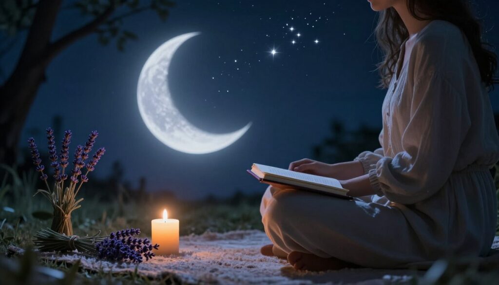A serene nighttime scene that captures the essence of setting intentions during the New Moon phase. In the foreground, a calm person sitting cross-legged on a soft rug, wearing comfortable, modest clothing, with a journal and a lit candle beside them. In the middle ground, there is a beautifully illuminated crescent moon, surrounded by twinkling stars, casting a gentle, ethereal light. Sprigs of lavender and sage are arranged, symbolizing clarity and intention. In the background, a silhouette of tree branches sways softly, enhancing the tranquil atmosphere. The lighting is soft, with a cool color palette of deep indigos and silvers, evoking a sense of peace and reflection. The overall mood is introspective and serene, inspiring a connection to the natural cycles of the moon.