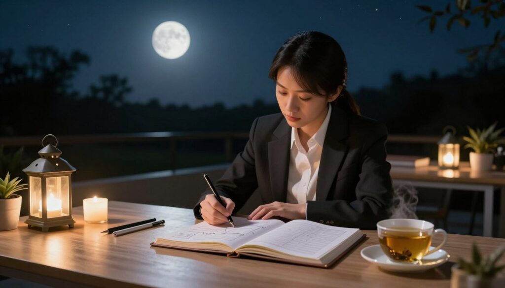 A serene nighttime scene under a clear, starry sky during the new moon phase, emphasizing themes of new beginnings and strategic planning. In the foreground, a neatly arranged desk with an open planner, a cup of herbal tea, and a set of elegant, minimalist stationery. The middle layer showcases an individual dressed in professional business attire, thoughtfully jotting down plans and ideas, surrounded by soft, glowing lanterns that create a cozy, inviting atmosphere. In the background, a silhouette of trees under the moonlight reflects a sense of tranquility and potential. The lighting is soft and warm, evoking a feeling of calm contemplation. The angle captures the desk and the individual in a medium shot, creating an intimate connection to the theme of planning during the new moon.