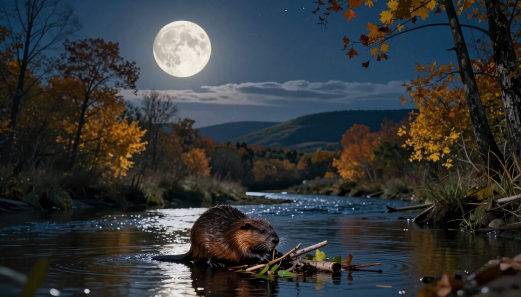 A serene nocturnal landscape featuring a large, bright full moon, known as the Beaver Moon, casting a silver glow over a tranquil river. In the foreground, a beaver is busily gathering sticks and leaves, reflecting the moonlight on the water’s surface. In the middle ground, lush trees with autumn foliage frame the scene, their leaves in shades of yellow and orange, creating a warm atmosphere. The background showcases distant rolling hills under a starry sky, with a few wispy clouds. The lighting is soft and ethereal, emphasizing the beauty of the moonlit night. The overall mood is calm and peaceful, evoking a sense of wonder about nature and the significance of the Beaver Moon. A serene nocturnal landscape featuring a large, bright full moon, known as the Beaver Moon, casting a silver glow over a tranquil river. In the foreground, a beaver is busily gathering sticks and leaves, reflecting the moonlight on the water’s surface. In the middle ground, lush trees with autumn foliage frame the scene, their leaves in shades of yellow and orange, creating a warm atmosphere. The background showcases distant rolling hills under a starry sky, with a few wispy clouds. The lighting is soft and ethereal, emphasizing the beauty of the moonlit night. The overall mood is calm and peaceful, evoking a sense of wonder about nature and the significance of the Beaver Moon.