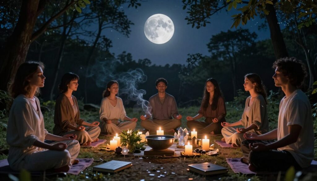 A serene outdoor setting illuminated by the gentle glow of the new moon, casting soft silver light across an altar adorned with candles and crystals. In the foreground, a diverse group of individuals, dressed in modest, casual clothing, sit cross-legged in a circle, eyes closed in meditation, hands raised as if inviting energy. In the middle, the altar features fresh herbs, a bowl of water, and intention-setting journals. Delicate wisps of incense smoke curl upward, enhancing the atmosphere of tranquility. The background showcases tall trees silhouetted against a starry sky, creating an enchanting and mystical ambiance. The scene is bathed in cool tones, with a touch of warm candlelight, evoking a sense of peace and reflection, as intentions are set and energies are shared. A serene outdoor setting illuminated by the gentle glow of the new moon, casting soft silver light across an altar adorned with candles and crystals. In the foreground, a diverse group of individuals, dressed in modest, casual clothing, sit cross-legged in a circle, eyes closed in meditation, hands raised as if inviting energy. In the middle, the altar features fresh herbs, a bowl of water, and intention-setting journals. Delicate wisps of incense smoke curl upward, enhancing the atmosphere of tranquility. The background showcases tall trees silhouetted against a starry sky, creating an enchanting and mystical ambiance. The scene is bathed in cool tones, with a touch of warm candlelight, evoking a sense of peace and reflection, as intentions are set and energies are shared.