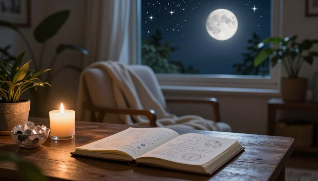A serene, peaceful workspace illuminated by soft, warm moonlight filtering through a window, casting gentle shadows. In the foreground, a polished wooden table is adorned with an open journal, filled with elegant handwritten notes and ink sketches of celestial bodies, accompanied by a lit candle and a small bowl of crystals. In the middle, a cozy chair draped with a soft blanket invites reflection. In the background, lush green plants add a touch of nature, while a large window reveals a clear night sky with a glowing new moon surrounded by twinkling stars. The atmosphere exudes tranquility and introspection, capturing the essence of manifesting intentions during the new moon, with soft focus and warm lighting that creates an inviting ambiance. A serene, peaceful workspace illuminated by soft, warm moonlight filtering through a window, casting gentle shadows. In the foreground, a polished wooden table is adorned with an open journal, filled with elegant handwritten notes and ink sketches of celestial bodies, accompanied by a lit candle and a small bowl of crystals. In the middle, a cozy chair draped with a soft blanket invites reflection. In the background, lush green plants add a touch of nature, while a large window reveals a clear night sky with a glowing new moon surrounded by twinkling stars. The atmosphere exudes tranquility and introspection, capturing the essence of manifesting intentions during the new moon, with soft focus and warm lighting that creates an inviting ambiance.