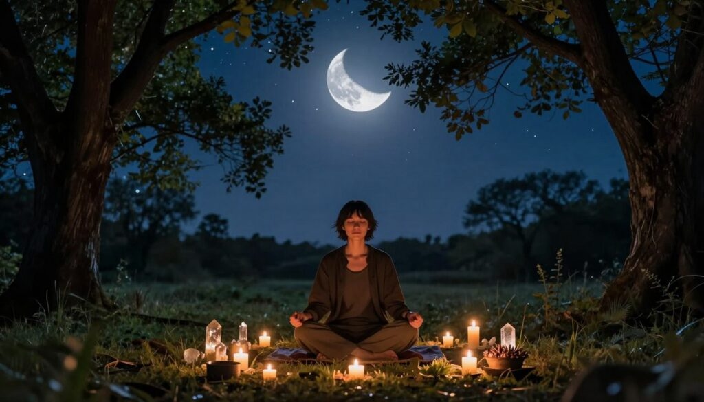 A serene scene capturing the essence of manifestation under a waning moon, set in a tranquil outdoor environment. In the foreground, a silhouette of a person dressed in modest casual clothing sits cross-legged on a soft grassy patch, eyes closed in meditation. Surrounding them are glimmers of flickering candles, their warm light illuminating small crystals and herbs, signifying the release of negative energy. In the middle ground, ancient trees frame the scene, their leaves rustling gently in the night breeze. The waning moon, casting a soft silver light, hangs low in a deep indigo sky, adorned with a scattering of twinkling stars. The atmosphere is peaceful and introspective, evoking a sense of calm and clarity, ideal for reflection and letting go. The image is captured from a slightly elevated angle, bringing a dynamic view of this harmonious ritual setting.