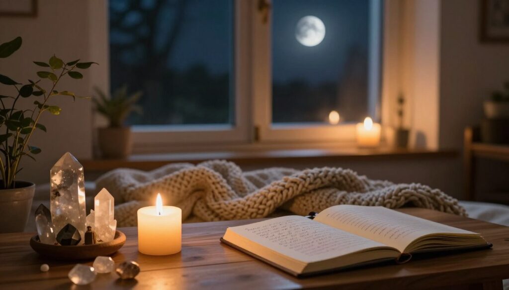 A serene scene depicting a cozy indoor setting for new moon intention setting. In the foreground, a wooden table is adorned with neatly arranged crystals, a flickering candle, and a journal with an open page, showing a handwritten intention. In the middle ground, a soft, woven blanket and delicate plants create a calming atmosphere. In the background, a large window reveals a dark sky with a barely visible new moon, illuminated subtly by the soft glow of nearby candles. Warm, ambient lighting casts a gentle warmth throughout the room, enhancing feelings of tranquility and focus. The overall mood conveys introspection and spiritual connection, ideal for intention setting. A serene scene depicting a cozy indoor setting for new moon intention setting. In the foreground, a wooden table is adorned with neatly arranged crystals, a flickering candle, and a journal with an open page, showing a handwritten intention. In the middle ground, a soft, woven blanket and delicate plants create a calming atmosphere. In the background, a large window reveals a dark sky with a barely visible new moon, illuminated subtly by the soft glow of nearby candles. Warm, ambient lighting casts a gentle warmth throughout the room, enhancing feelings of tranquility and focus. The overall mood conveys introspection and spiritual connection, ideal for intention setting.