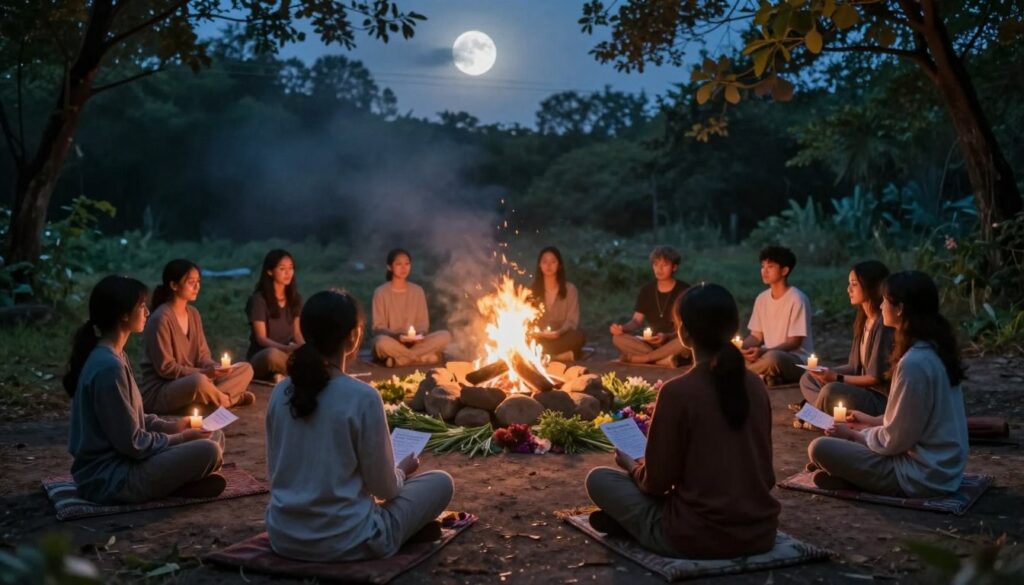 A serene scene depicting a group of individuals engaged in releasing rituals during the waning moon. In the foreground, a small circle of people, dressed in modest casual clothing, sit cross-legged on a natural earth surface, holding personalized intention items like small candles and written notes. Their expressions reflect contemplation and peace. The middle ground features a gently burning fire pit surrounded by stones, with herbs and flowers laid out in offerings, creating an inviting atmosphere. The background reveals a softly lit night sky with a partially obscured waning moon, casting a gentle glow over the scene. Lush trees frame the backdrop, and faint wisps of mist rise from the ground, enhancing the mystical ambiance. The overall mood is tranquil and introspective, emphasizing a connection to nature and spiritual transformation. A serene scene depicting a group of individuals engaged in releasing rituals during the waning moon. In the foreground, a small circle of people, dressed in modest casual clothing, sit cross-legged on a natural earth surface, holding personalized intention items like small candles and written notes. Their expressions reflect contemplation and peace. The middle ground features a gently burning fire pit surrounded by stones, with herbs and flowers laid out in offerings, creating an inviting atmosphere. The background reveals a softly lit night sky with a partially obscured waning moon, casting a gentle glow over the scene. Lush trees frame the backdrop, and faint wisps of mist rise from the ground, enhancing the mystical ambiance. The overall mood is tranquil and introspective, emphasizing a connection to nature and spiritual transformation.