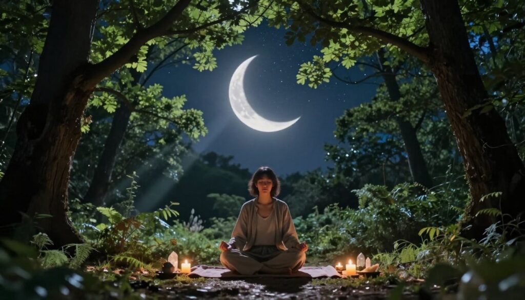 A serene scene depicting a person in modest casual clothing engaged in new moon meditation, sitting cross-legged on a soft mat in a tranquil forest clearing. In the foreground, gentle rays of moonlight filter through lush green trees, casting dappled shadows across the ground. The person, a serene expression on their face, is surrounded by small, flickering candles and healing crystals that enhance the meditative atmosphere. In the middle ground, the silhouette of the new moon is visible, framed by the tree branches, symbolizing new beginnings. The background features a softly illuminated night sky filled with distant stars, creating a sense of peace and introspection. The overall mood is calm, inviting, and spiritually uplifting, perfect for reflecting on new intentions under the new moon. A serene scene depicting a person in modest casual clothing engaged in new moon meditation, sitting cross-legged on a soft mat in a tranquil forest clearing. In the foreground, gentle rays of moonlight filter through lush green trees, casting dappled shadows across the ground. The person, a serene expression on their face, is surrounded by small, flickering candles and healing crystals that enhance the meditative atmosphere. In the middle ground, the silhouette of the new moon is visible, framed by the tree branches, symbolizing new beginnings. The background features a softly illuminated night sky filled with distant stars, creating a sense of peace and introspection. The overall mood is calm, inviting, and spiritually uplifting, perfect for reflecting on new intentions under the new moon.