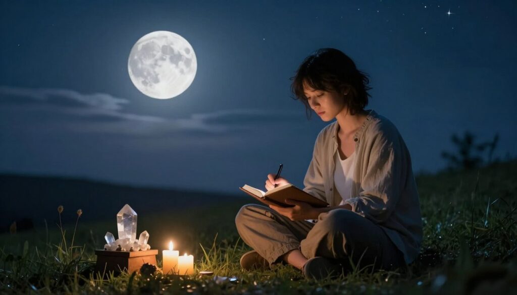 A serene scene depicting a person in modest casual clothing sitting cross-legged on a grassy hill under a luminous first quarter moon. In the foreground, a small wooden altar adorned with crystals, candles, and a journal is visible, symbolizing intent setting. The middle ground features the individual, with a focused and peaceful expression, holding a pen to their journal, surrounded by soft glowing light that contrasts the night sky. The background showcases a starry night with gentle clouds, enhancing the celestial atmosphere. The scene is illuminated with soft, cool moonlight, giving it a mystical and calming mood. The composition captures the essence of introspection and alignment with the lunar cycle. A serene scene depicting a person in modest casual clothing sitting cross-legged on a grassy hill under a luminous first quarter moon. In the foreground, a small wooden altar adorned with crystals, candles, and a journal is visible, symbolizing intent setting. The middle ground features the individual, with a focused and peaceful expression, holding a pen to their journal, surrounded by soft glowing light that contrasts the night sky. The background showcases a starry night with gentle clouds, enhancing the celestial atmosphere. The scene is illuminated with soft, cool moonlight, giving it a mystical and calming mood. The composition captures the essence of introspection and alignment with the lunar cycle.