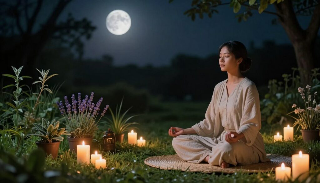 A serene scene depicting a person meditating under the dark sky of a new moon, surrounded by lush greenery, soft grass, and white candles flickering gently. In the foreground, a calm individual dressed in modest, flowing attire sits cross-legged on a round woven mat, eyes closed, radiating tranquility. In the middle ground, gentle botanical elements like lavender and sage are placed, suggesting a peaceful ritual space. In the background, the silhouette of trees frames the scene, creating a sense of privacy and connection with nature. Soft, ambient lighting enhances the atmosphere, casting a gentle glow on the candles and highlighting the moon's hidden presence. The overall mood is peaceful and inviting, promoting a sense of reflection and self-care. A serene scene depicting a person meditating under the dark sky of a new moon, surrounded by lush greenery, soft grass, and white candles flickering gently. In the foreground, a calm individual dressed in modest, flowing attire sits cross-legged on a round woven mat, eyes closed, radiating tranquility. In the middle ground, gentle botanical elements like lavender and sage are placed, suggesting a peaceful ritual space. In the background, the silhouette of trees frames the scene, creating a sense of privacy and connection with nature. Soft, ambient lighting enhances the atmosphere, casting a gentle glow on the candles and highlighting the moon's hidden presence. The overall mood is peaceful and inviting, promoting a sense of reflection and self-care.