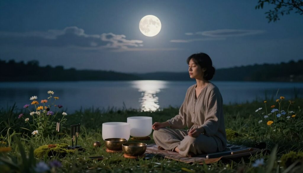 A serene scene depicting a person meditating under the soft glow of moonlight. In the foreground, an individual in modest, comfortable clothing sits cross-legged on a tranquil grassy patch, eyes gently closed. Surrounding them are sound healing tools such as tuning forks and Tibetan singing bowls, reflecting the concept of incorporating sound into meditation. In the middle ground, delicate wildflowers and soft moss add natural beauty, while a shimmering, full moon casts ethereal light over the scene. The background features a calm lake with gentle reflections of the moonlight, a few wispy clouds floating in the night sky. The atmosphere is peaceful and mystical, inviting relaxation and deep connection, with soft lighting that enhances the tranquility of the moment. Use a wide-angle view to capture the enchanting ambiance of this moonlit meditation. A serene scene depicting a person meditating under the soft glow of moonlight. In the foreground, an individual in modest, comfortable clothing sits cross-legged on a tranquil grassy patch, eyes gently closed. Surrounding them are sound healing tools such as tuning forks and Tibetan singing bowls, reflecting the concept of incorporating sound into meditation. In the middle ground, delicate wildflowers and soft moss add natural beauty, while a shimmering, full moon casts ethereal light over the scene. The background features a calm lake with gentle reflections of the moonlight, a few wispy clouds floating in the night sky. The atmosphere is peaceful and mystical, inviting relaxation and deep connection, with soft lighting that enhances the tranquility of the moment. Use a wide-angle view to capture the enchanting ambiance of this moonlit meditation.