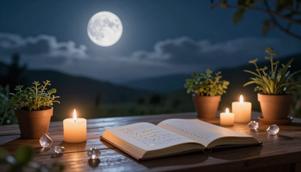 A serene scene depicting a waxing moon illuminating a tranquil night sky, surrounded by ethereal clouds. In the foreground, a polished wooden table adorned with small crystals and flickering candles casting a warm, soft glow. A journal lies open with elegant scripts of affirmations penned in gold ink. The middle ground features potted plants and herbs, symbolizing growth and positivity, softly illuminated by the moonlight. In the background, silhouettes of gentle hills create a harmonious balance. The atmosphere is peaceful and inspiring, inviting the viewer to reflect. The lighting should be soft and ethereal, reminiscent of a gentle moonlit night, with a focus on the textures of the objects on the table. The angle is slightly elevated to capture the entire composition beautifully. A serene scene depicting a waxing moon illuminating a tranquil night sky, surrounded by ethereal clouds. In the foreground, a polished wooden table adorned with small crystals and flickering candles casting a warm, soft glow. A journal lies open with elegant scripts of affirmations penned in gold ink. The middle ground features potted plants and herbs, symbolizing growth and positivity, softly illuminated by the moonlight. In the background, silhouettes of gentle hills create a harmonious balance. The atmosphere is peaceful and inspiring, inviting the viewer to reflect. The lighting should be soft and ethereal, reminiscent of a gentle moonlit night, with a focus on the textures of the objects on the table. The angle is slightly elevated to capture the entire composition beautifully.