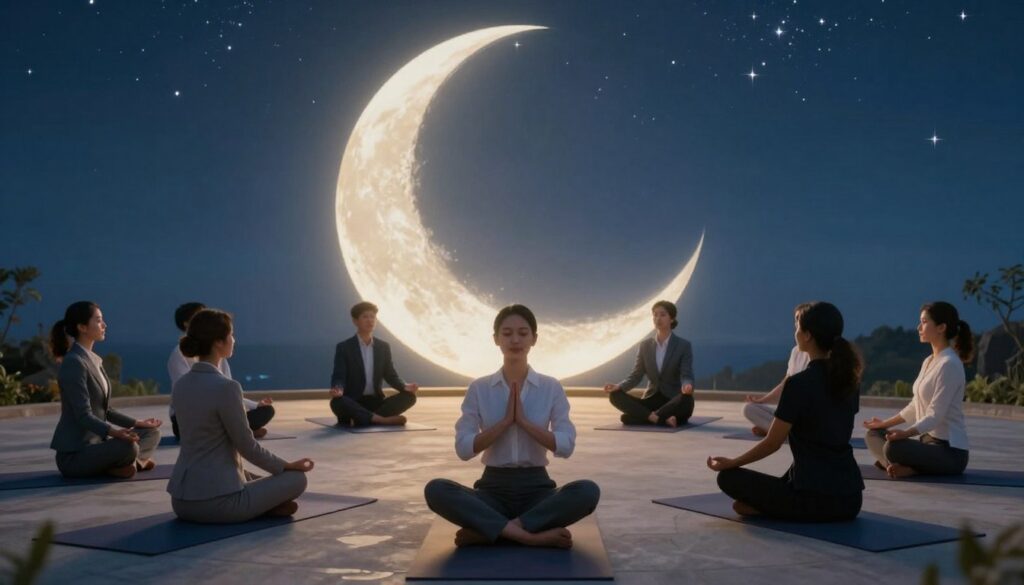 A serene scene depicting empowerment techniques under a waxing moon. In the foreground, a diverse group of individuals, dressed in professional business attire, practice confidence-boosting exercises like yoga and meditation. They are arranged in a harmonious circle, radiating positivity and determination. In the middle ground, a softly glowing waxing moon illuminates the scene, casting gentle light on the participants. The background features a calming night sky filled with twinkling stars, suggesting a sense of peace and clarity. The atmosphere is tranquil yet empowering, with soft, warm lighting highlighting the participants' expressions of focus and self-assurance. A wide-angle view captures the entire setting, creating a sense of community and shared purpose. A serene scene depicting empowerment techniques under a waxing moon. In the foreground, a diverse group of individuals, dressed in professional business attire, practice confidence-boosting exercises like yoga and meditation. They are arranged in a harmonious circle, radiating positivity and determination. In the middle ground, a softly glowing waxing moon illuminates the scene, casting gentle light on the participants. The background features a calming night sky filled with twinkling stars, suggesting a sense of peace and clarity. The atmosphere is tranquil yet empowering, with soft, warm lighting highlighting the participants' expressions of focus and self-assurance. A wide-angle view captures the entire setting, creating a sense of community and shared purpose.