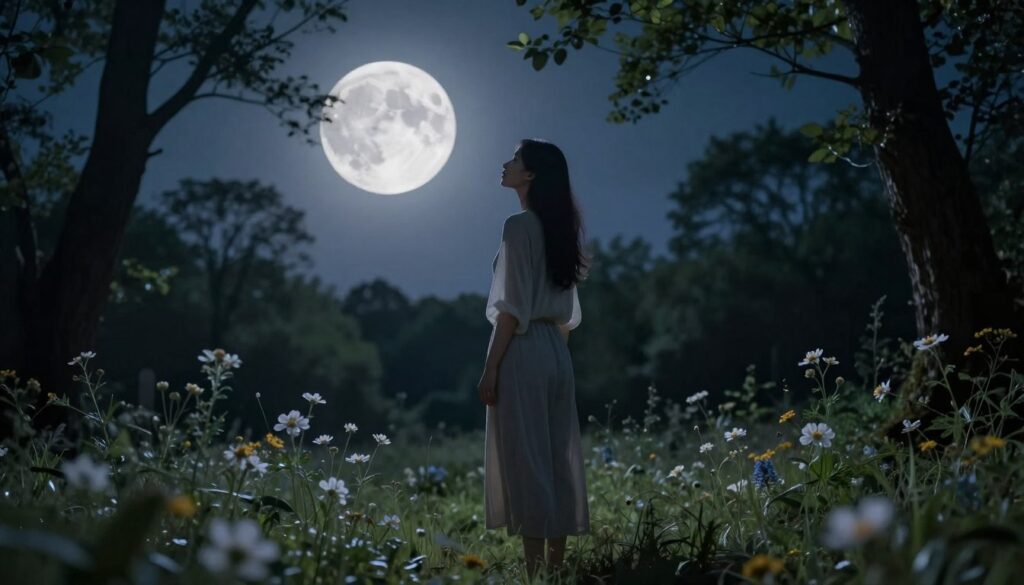 A serene scene depicting the connection between menstruation and the moon, showcasing a woman in modest, casual attire standing in a tranquil forest clearing at night. The foreground features delicate wildflowers symbolizing femininity and cycles. In the middle ground, the woman gazes thoughtfully at a large, luminous full moon, which bathes the scene in soft, silvery light, casting gentle shadows. The background includes silhouetted trees framing the moonlit sky, enhancing the sense of harmony with nature. The atmosphere is calm and reflective, capturing the mysterious energy of lunar phases and their sync with menstrual cycles. The lighting is soft and ethereal, creating an intimate feeling while ensuring a safe and respectful representation.
