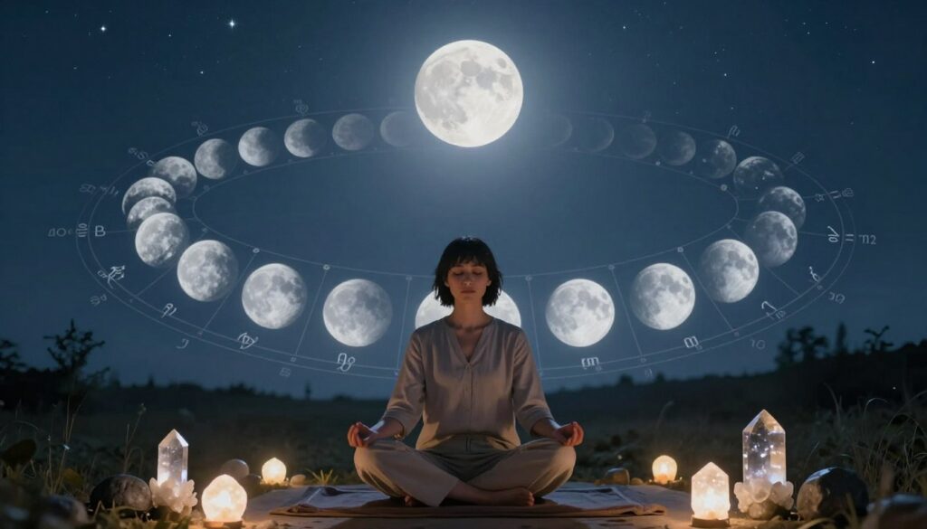 A serene scene depicting the lunar cycle’s influence on energy healing, foreground: a calm individual sitting cross-legged in a meditative pose, dressed in modest, professional attire, surrounded by soft, glowing crystal healing stones. Middle ground: a circular arrangement of astrological symbols and the phases of the moon, illuminated gently by moonlight, giving an ethereal feel. Background: a tranquil night sky filled with a full moon and subtle stars, casting a silvery light that enhances the atmosphere of healing and introspection. Use soft, diffused lighting to create a peaceful ambiance, ensuring the mood conveys tranquility and connection with nature's rhythms. The angle should be focused slightly above, looking down on the scene, emphasizing the lunar influences and the individual's energy alignment. A serene scene depicting the lunar cycle’s influence on energy healing, foreground: a calm individual sitting cross-legged in a meditative pose, dressed in modest, professional attire, surrounded by soft, glowing crystal healing stones. Middle ground: a circular arrangement of astrological symbols and the phases of the moon, illuminated gently by moonlight, giving an ethereal feel. Background: a tranquil night sky filled with a full moon and subtle stars, casting a silvery light that enhances the atmosphere of healing and introspection. Use soft, diffused lighting to create a peaceful ambiance, ensuring the mood conveys tranquility and connection with nature's rhythms. The angle should be focused slightly above, looking down on the scene, emphasizing the lunar influences and the individual's energy alignment.