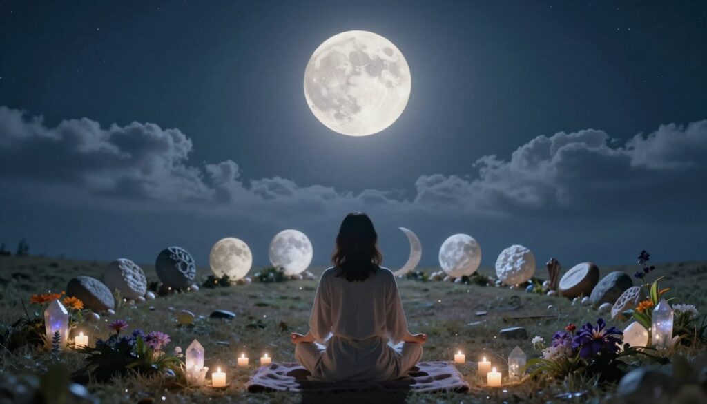 A serene scene depicting the manifestation techniques associated with lunar energy, centered on a glowing full moon in the night sky. In the foreground, a meditation space with a person wearing modest, casual clothing, seated cross-legged, surrounded by gentle light and crystals that shimmer under the moonlight. The middle of the image showcases a circular arrangement of natural elements like stones and flowers, symbolizing the phases of the moon, each one distinctively represented. The background features soft clouds drifting against a starlit sky, enhancing the tranquil atmosphere. The lighting should be soft and ethereal, creating a dreamy effect, with a slight lens flare from the moon. The overall mood conveys calmness and introspection, inviting the viewer to connect with the lunar energy and its manifesting power. A serene scene depicting the manifestation techniques associated with lunar energy, centered on a glowing full moon in the night sky. In the foreground, a meditation space with a person wearing modest, casual clothing, seated cross-legged, surrounded by gentle light and crystals that shimmer under the moonlight. The middle of the image showcases a circular arrangement of natural elements like stones and flowers, symbolizing the phases of the moon, each one distinctively represented. The background features soft clouds drifting against a starlit sky, enhancing the tranquil atmosphere. The lighting should be soft and ethereal, creating a dreamy effect, with a slight lens flare from the moon. The overall mood conveys calmness and introspection, inviting the viewer to connect with the lunar energy and its manifesting power.