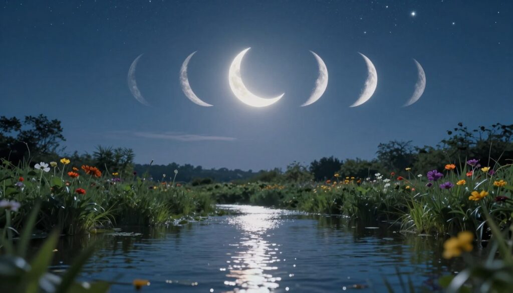 A serene scene depicting the moon cycle with an emphasis on the First Quarter phase, symbolizing action and self-discovery. In the foreground, a tranquil body of water reflects the luminous crescent moon, gently shimmering under soft, silvery light. Further back, lush greenery surrounds the water, with vibrant flowers symbolizing growth and new beginnings. In the background, a clear night sky filled with twinkling stars adds depth and wonder, enhancing the atmosphere of introspection. The lighting is soft and inviting, creating a peaceful mood perfect for reflection and journaling. The angle is slightly elevated to capture the full beauty of the landscape, drawing the viewer's eye upward toward the moon. The image evokes a sense of motivation and clarity, ideal for encouraging personal exploration.