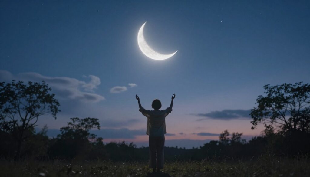 A serene scene depicting the waxing crescent moon shining brightly in a clear night sky, surrounded by scattered, twinkling stars. In the foreground, a figure stands in a meditative pose, dressed in comfortable, modest clothing, with hands raised towards the moon, symbolizing the act of manifesting intentions. Soft, ethereal light emits from the moon, casting gentle illumination on the figure and the surrounding landscape. In the middle ground, delicate silhouettes of trees frame the scene, while soft wisps of clouds drift lazily across the sky. The atmosphere is tranquil and reflective, evoking a sense of hope and possibility. Use a soft focus lens to enhance the dreamlike quality, with a shooting angle that captures the moon above the horizon, emphasizing its beauty and significance in the manifesting process. A serene scene depicting the waxing crescent moon shining brightly in a clear night sky, surrounded by scattered, twinkling stars. In the foreground, a figure stands in a meditative pose, dressed in comfortable, modest clothing, with hands raised towards the moon, symbolizing the act of manifesting intentions. Soft, ethereal light emits from the moon, casting gentle illumination on the figure and the surrounding landscape. In the middle ground, delicate silhouettes of trees frame the scene, while soft wisps of clouds drift lazily across the sky. The atmosphere is tranquil and reflective, evoking a sense of hope and possibility. Use a soft focus lens to enhance the dreamlike quality, with a shooting angle that captures the moon above the horizon, emphasizing its beauty and significance in the manifesting process.