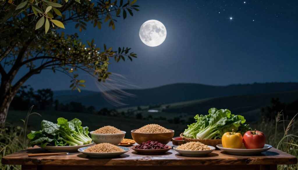 A serene scene featuring a first quarter moon shining brightly in a deep navy sky, surrounded by twinkling stars. In the foreground, a rustic wooden table is adorned with an array of nutritious foods symbolizing strength and stamina: vibrant leafy greens, hearty grains, and fresh fruits, all beautifully arranged on elegant dishes. In the middle ground, a gentle breeze rustles through the leaves of a nearby tree, softly illuminated by moonlight. The background captures a tranquil natural landscape, with rolling hills silhouetted against the lunar glow. The mood is calm and inspiring, inviting viewers to connect with the rhythms of nature. Soft, warm lighting enhances the inviting atmosphere, evoking a sense of harmony and balance. The perspective is slightly elevated, providing a captivating view that draws the eye to the moon’s glow and the delectable spread below.