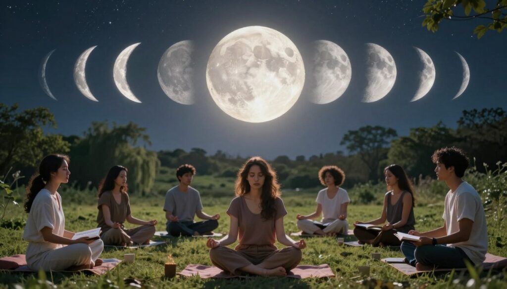 A serene scene illustrating the lunar cycle's influence on mental health. In the foreground, a diverse group of people in modest casual clothing engaged in mindfulness activities like meditation and journaling, expressing various emotional states. In the middle ground, a large, luminous full moon glows brightly, casting a soft silvery light that highlights the faces of the participants. Surrounding the gathering, a gradient of moon phases transitions from new moon to full moon, symbolizing emotional cycles. The background features lush, tranquil nature, with gently swaying trees and a starry sky. The overall atmosphere is calm and reflective, evoking a sense of connection between the moon and human emotions. Use soft, natural lighting to enhance the warm and peaceful mood.