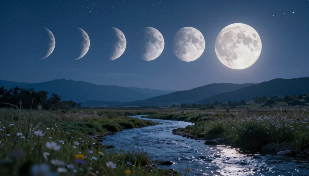 A serene scene illustrating the phases of the moon set against a tranquil natural landscape. In the foreground, a clear night sky showcases the moon transitions—from new moon to full moon—accompanied by sparkling stars. The middle ground features a gentle, flowing river reflecting the moonlight, bordered by soft grass and delicate wildflowers. The background displays a silhouette of distant mountains bathed in the ethereal glow of the moon. The lighting is soft and magical, suggesting a peaceful, contemplative atmosphere just after twilight, emphasizing the connection between lunar cycles and nature. The focus is on harmony and balance, inviting a sense of mindfulness and calm.