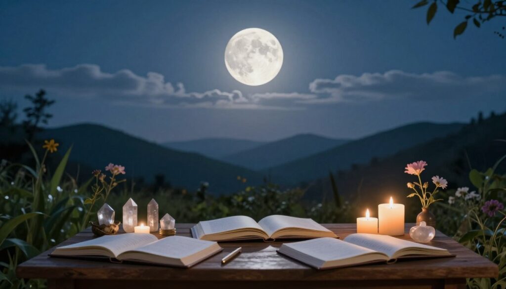 A serene scene of a full moon hanging brightly in a clear night sky, casting a soft, silvery glow over a tranquil outdoor setting. In the foreground, a beautifully arranged wooden table is filled with open journals, crystals, and candles, all illuminated by the moonlight. The middle ground features lush green plants and a few scattered flowers, enhancing the natural ambiance. In the background, a dark silhouette of distant mountains creates depth, while a few wispy clouds gently float past the moon. The atmosphere is calm and reflective, evoking inspiration and creativity. Capture this scene with a soft-focus lens effect and a wide-angle view, emphasizing the inviting nature of the journaling setup under the enchanting full moon. A serene scene of a full moon hanging brightly in a clear night sky, casting a soft, silvery glow over a tranquil outdoor setting. In the foreground, a beautifully arranged wooden table is filled with open journals, crystals, and candles, all illuminated by the moonlight. The middle ground features lush green plants and a few scattered flowers, enhancing the natural ambiance. In the background, a dark silhouette of distant mountains creates depth, while a few wispy clouds gently float past the moon. The atmosphere is calm and reflective, evoking inspiration and creativity. Capture this scene with a soft-focus lens effect and a wide-angle view, emphasizing the inviting nature of the journaling setup under the enchanting full moon.