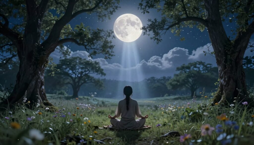 A serene scene of a person meditating under a glowing full moon, positioned in the foreground. The individual, dressed in modest, loose-fitting clothing, sits cross-legged on a soft grassy patch, surrounded by gently swaying wildflowers. In the middle ground, luminous beams of moonlight cascade through the branches of ancient trees, creating a mystical atmosphere. The background features a calm night sky filled with twinkling stars and soft, fluffy clouds, enhancing the tranquil vibe. The lighting is ethereal and soft, evoking a sense of peace and connection with nature. Capture the composition with a slightly wide-angle lens to emphasize the surrounding environment, creating an immersive and calming landscape that embodies the concept of lunar energy meditation. A serene scene of a person meditating under a glowing full moon, positioned in the foreground. The individual, dressed in modest, loose-fitting clothing, sits cross-legged on a soft grassy patch, surrounded by gently swaying wildflowers. In the middle ground, luminous beams of moonlight cascade through the branches of ancient trees, creating a mystical atmosphere. The background features a calm night sky filled with twinkling stars and soft, fluffy clouds, enhancing the tranquil vibe. The lighting is ethereal and soft, evoking a sense of peace and connection with nature. Capture the composition with a slightly wide-angle lens to emphasize the surrounding environment, creating an immersive and calming landscape that embodies the concept of lunar energy meditation.